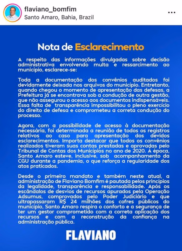 nota de esclarecimento Flaviano Bomfim 