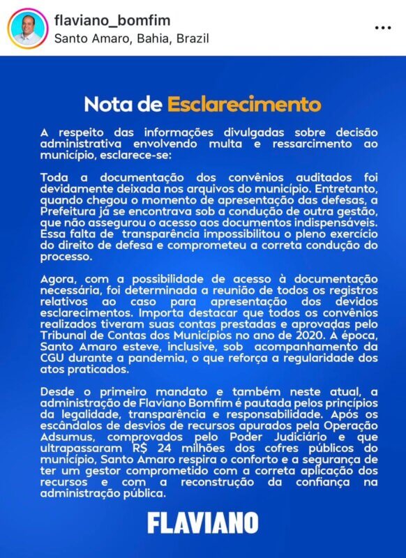 Prefeito de Santo Amaro emite nota sobre decisão do TCM-BA 2 nota de esclarecimento Flaviano Bomfim