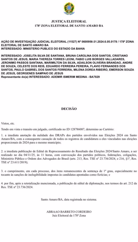 Juiz determina recontagem dos votos da eleição de 2024 em Santo Amaro após fraude na cota de gênero 2 decisão tre-ba