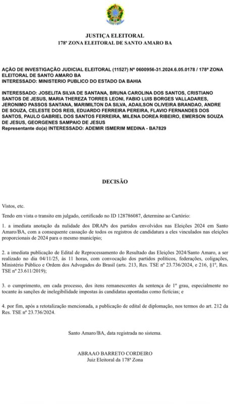 Juiz determina recontagem dos votos da eleição de 2024 em Santo Amaro após fraude na cota de gênero 2 decisão tre-ba