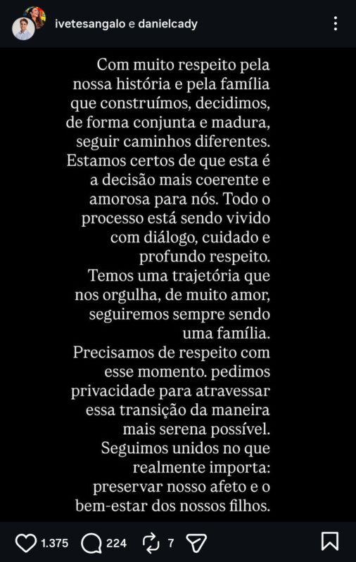 Comunicado separação de Ivete Sangalo e Daniel Cady