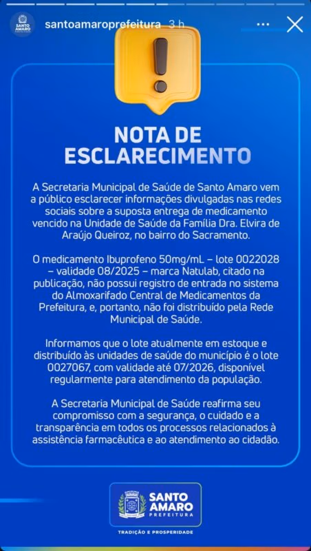 nota da prefeitura de Santo Amaro