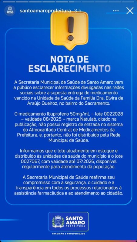 Moradores denunciam entrega de remédios vencidos em Santo Amaro; Prefeitura nega 2 nota da prefeitura de Santo Amaro