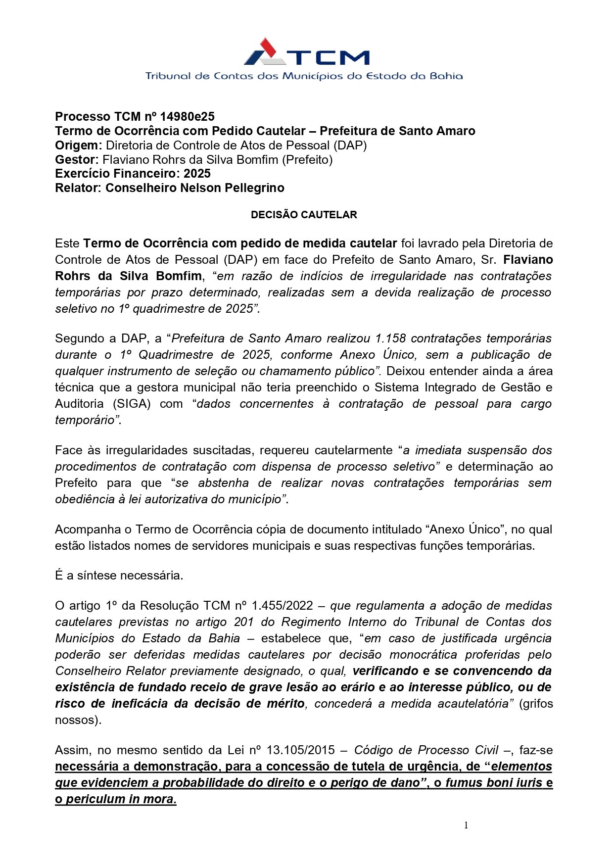 decisão medida cautelar servidores contratados em santo amaro