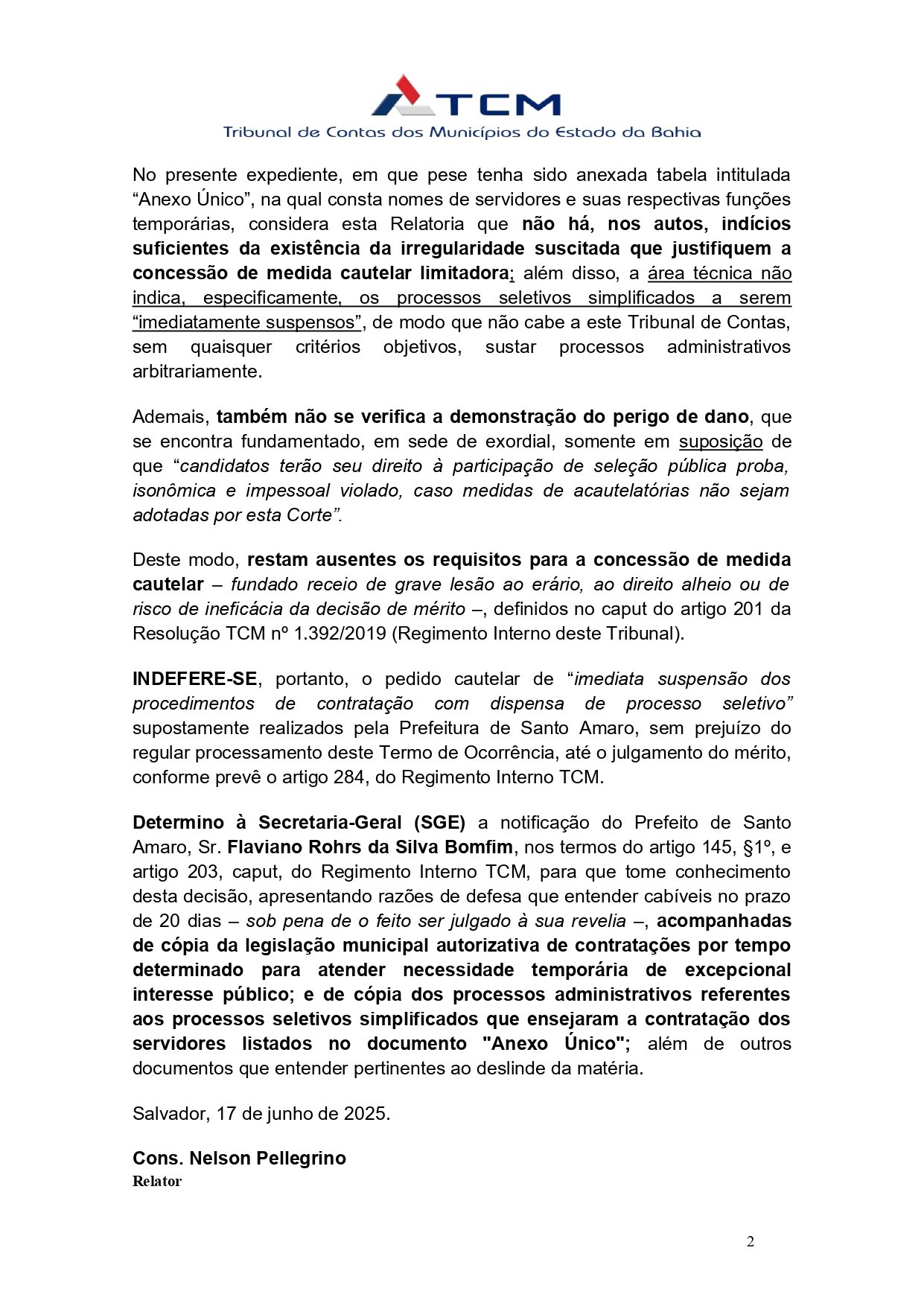 decisão medida cautelar servidores contratados em santo amaro