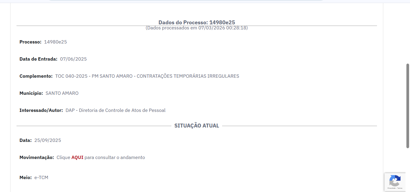 tela do navegador mostrando processo TCM-BA sobre contratação irregular em santo amaro bahia