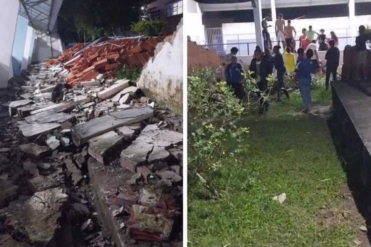 muro de escola desaba em Elísio Medrado