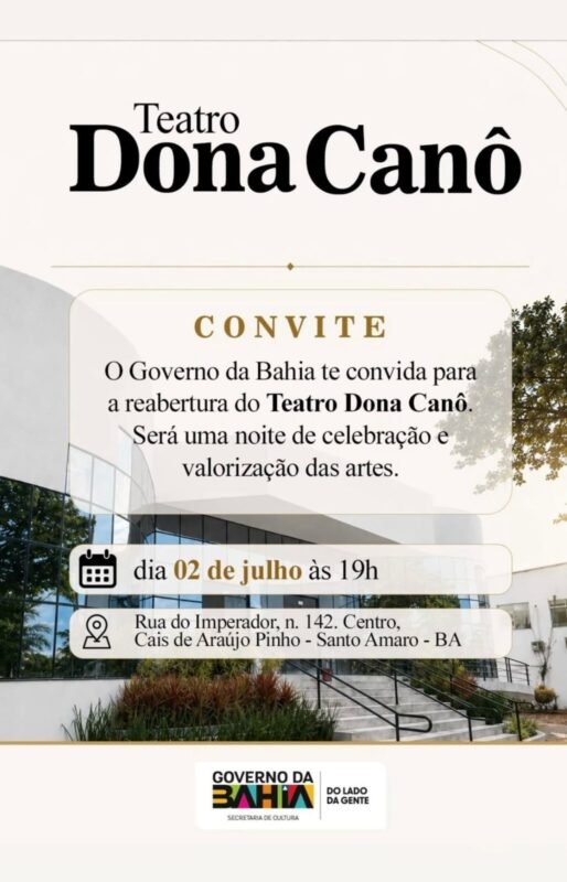 card de divulgação da reinauguração do Teatro Dona Canô em Santo Amaro