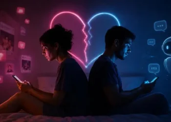 arte mostrando um homem e uma mulher utilizando o celular em bate-papo