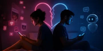 arte mostrando um homem e uma mulher utilizando o celular em bate-papo