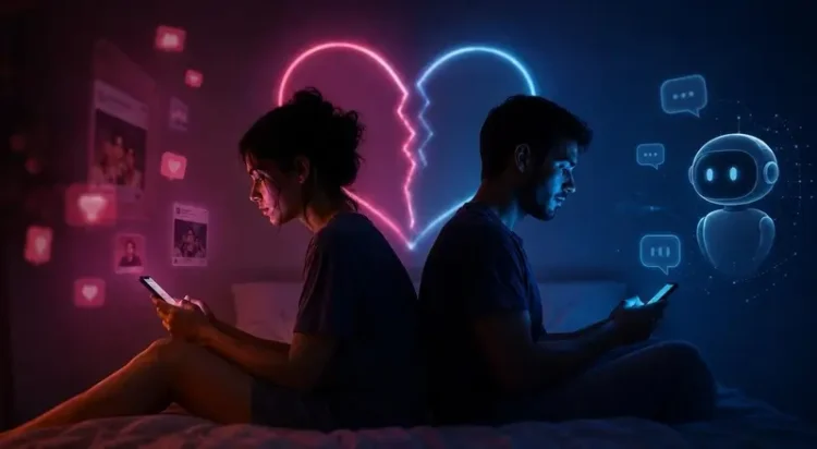 arte mostrando um homem e uma mulher utilizando o celular em bate-papo