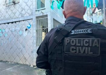 policial civil na rua, de costas para a foto, durante operação em Salvador