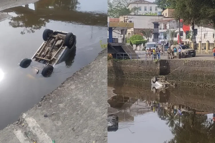 Carro cai no Rio Subaé após motorista passar mal em Santo Amaro 1 carro capotado no rio subaé em santo amaro