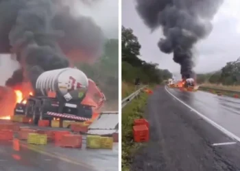 carreta pega fogo na BR-101 em Jequié