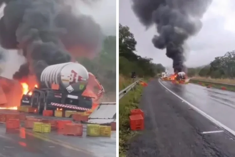 Carreta com produto corrosivo pega fogo após batida na BR-116 1 carreta pega fogo na BR-101 em Jequié