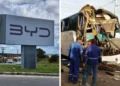BYD divulga nota oficial lamentando acidente com ônibus de trabalhadores em Camaçari; dois feridos estão em estado grave 2 Montagem, de um lado a foto da placa da BYD em Camaçari e do outro a foto do onibus com a frente destruida em acidente
