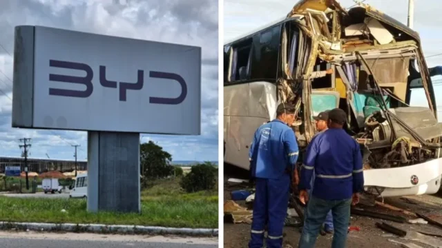 Montagem, de um lado a foto da placa da BYD em Camaçari e do outro a foto do onibus com a frente destruida em acidente