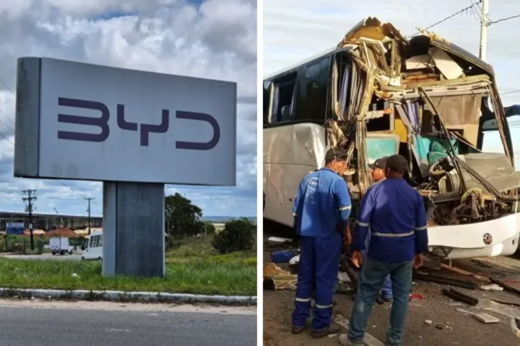 BYD divulga nota oficial lamentando acidente com ônibus de trabalhadores em Camaçari; dois feridos estão em estado grave 1 Montagem, de um lado a foto da placa da BYD em Camaçari e do outro a foto do onibus com a frente destruida em acidente