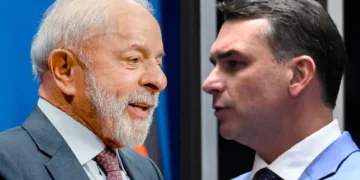 imagem montada: Lula do lado esquerdo e Flávio Bolsonaro no lado direito