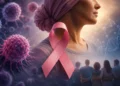 Com previsão de 42 mil novos casos de câncer em 2026, Bahia sediará congresso internacional de medicina e diagnósticos 2 Imagem representando células do corpo humano e uma mulher com pano sobre a cabeça, além de uma fita rosa dobrada formando um laço, símbolo da luta contra o câncer