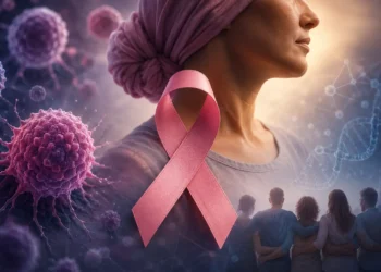 Imagem representando células do corpo humano e uma mulher com pano sobre a cabeça, além de uma fita rosa dobrada formando um laço, símbolo da luta contra o câncer