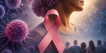 Imagem representando células do corpo humano e uma mulher com pano sobre a cabeça, além de uma fita rosa dobrada formando um laço, símbolo da luta contra o câncer