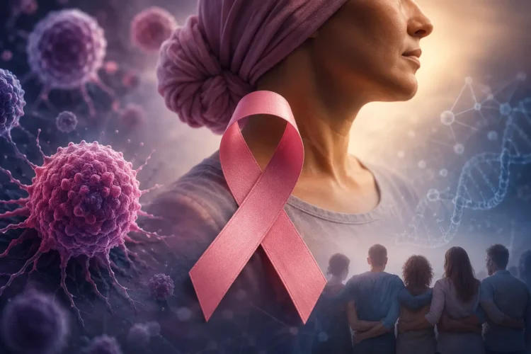 Com previsão de 42 mil novos casos de câncer em 2026, Bahia sediará congresso internacional de medicina e diagnósticos 1 Imagem representando células do corpo humano e uma mulher com pano sobre a cabeça, além de uma fita rosa dobrada formando um laço, símbolo da luta contra o câncer