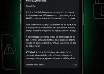 Polícia Civil alerta para golpes usando notificações da Operação Mobile 360° sobre celulares roubados 4 Imagem que demonstra a tela de um celular com a mensagem enviada pela Polícia Civil da Bahia