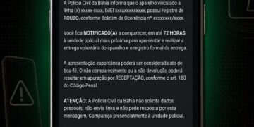 Imagem que demonstra a tela de um celular com a mensagem enviada pela Polícia Civil da Bahia