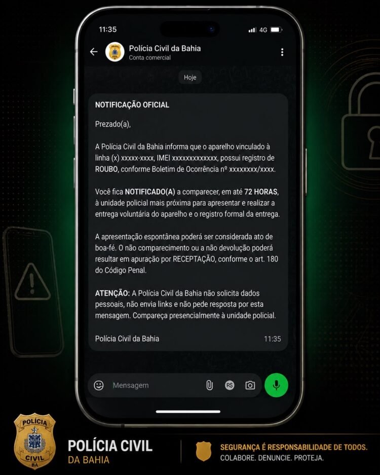 Imagem que demonstra a tela de um celular com a mensagem enviada pela Polícia Civil da Bahia
