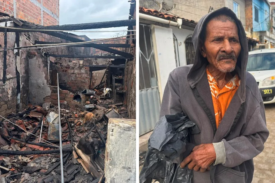 foto montagem: de um lado imagem de um casa destruída pelo fogo e do outro o morador, dono da residência