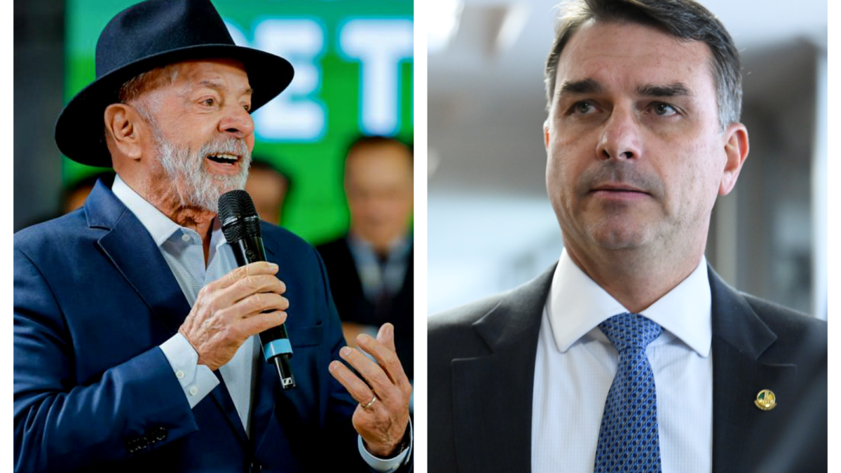 Imagem montada com Lula ao lado esquerdo e Flávio Bolsonaro ao lado direito