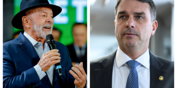Imagem montada com Lula ao lado esquerdo e Flávio Bolsonaro ao lado direito