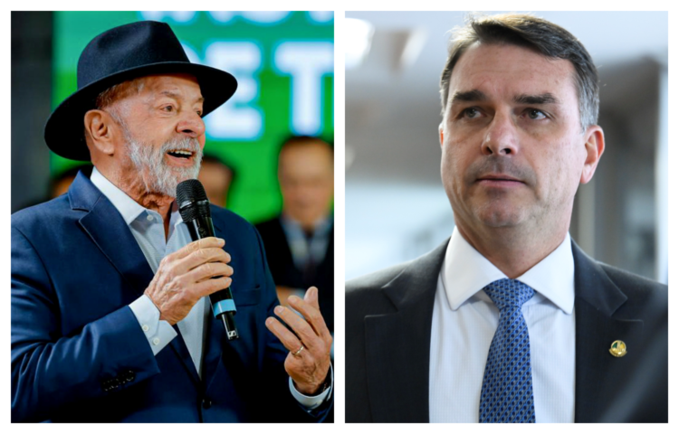 Imagem montada com Lula ao lado esquerdo e Flávio Bolsonaro ao lado direito