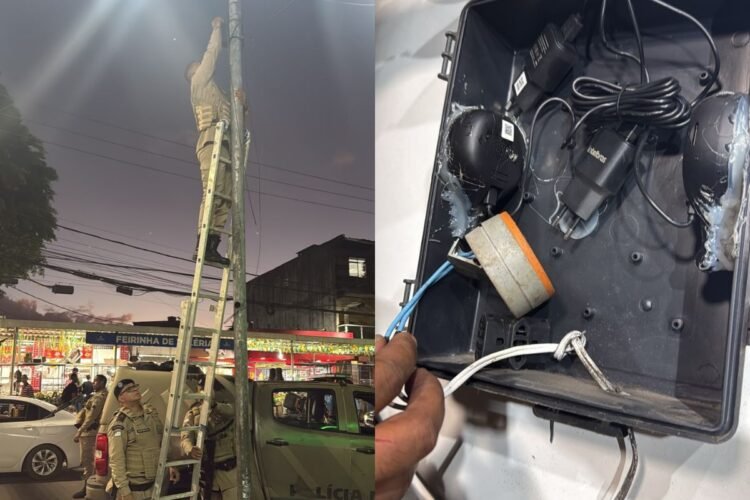 Operação Olhos Fechados retira câmeras do crime em Valéria e soma 11 equipamentos apreendidos em 48h 1 foto de policial militar removendo câmera clandestina de poste em rua do bairro de Valéria em Salvador