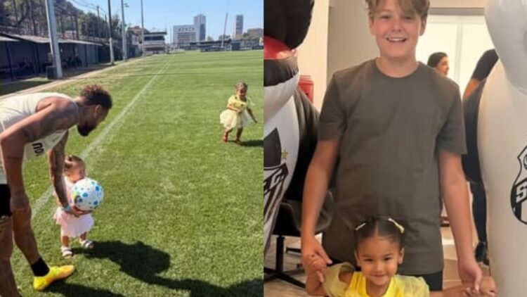 Filhos de Neymar visitam treino do Santos e encantam torcedores 1 Filhos de Neymar visitam treino do Santos e encantam torcedores