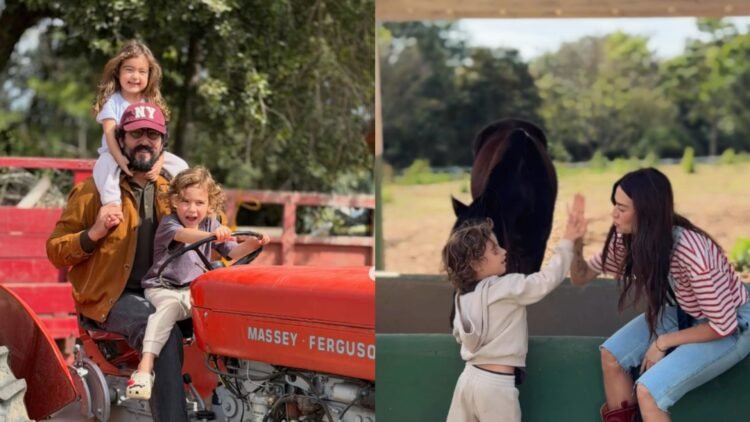 Renato Góes e Thaila Ayala levam filhos para dia de lazer em fazenda no interior