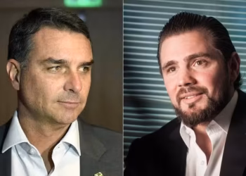 Arte colagem feita com fotos de Flávio Bolsonaro e Daniel Vorcaro lado a lado