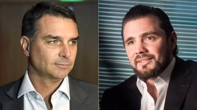 Arte colagem feita com fotos de Flávio Bolsonaro e Daniel Vorcaro lado a lado