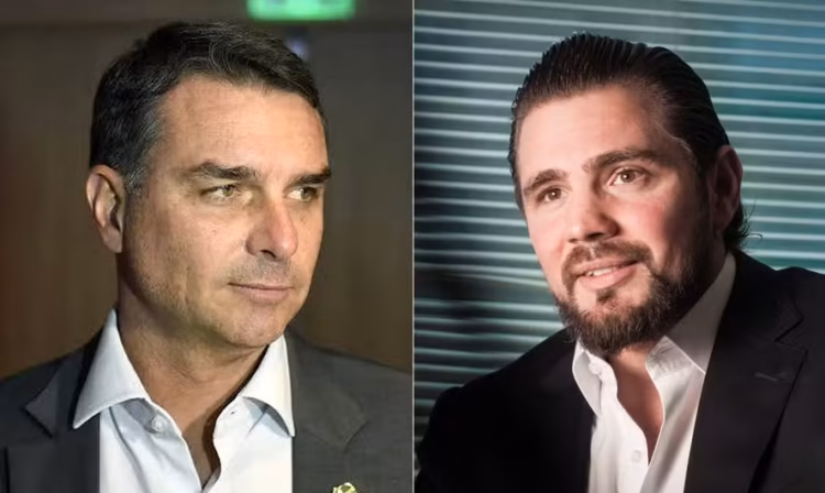 Arte colagem feita com fotos de Flávio Bolsonaro e Daniel Vorcaro lado a lado