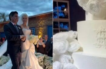Nove andares e flores brancas marcam o bolo de Ana Hickmann e Edu Guedes em fazenda paulista