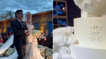Nove andares e flores brancas marcam o bolo de Ana Hickmann e Edu Guedes em fazenda paulista 1 Nove andares e flores brancas marcam o bolo de Ana Hickmann e Edu Guedes em fazenda paulista