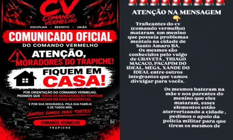 Mensagens atribuídas ao Comando Vermelho geram preocupação em Santo Amaro 1 comunicados ligados ao comando vermelho