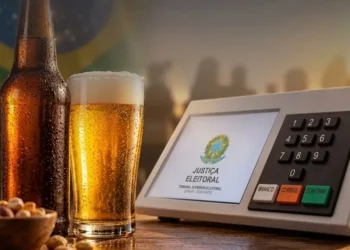 imagem gerada por IA com uma garrafa e copo de cerveja ao lado da urna eletrônica