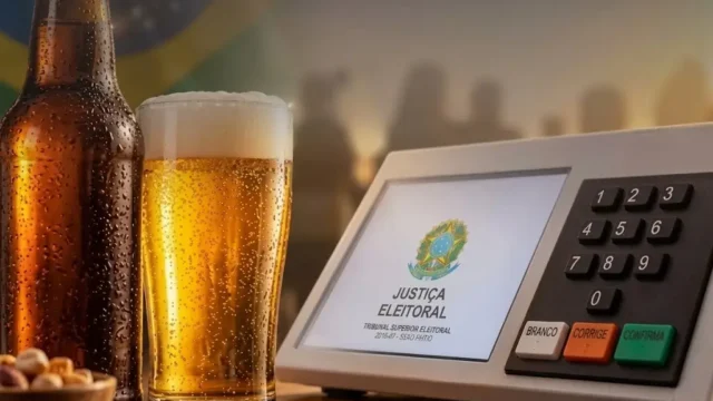 imagem gerada por IA com uma garrafa e copo de cerveja ao lado da urna eletrônica