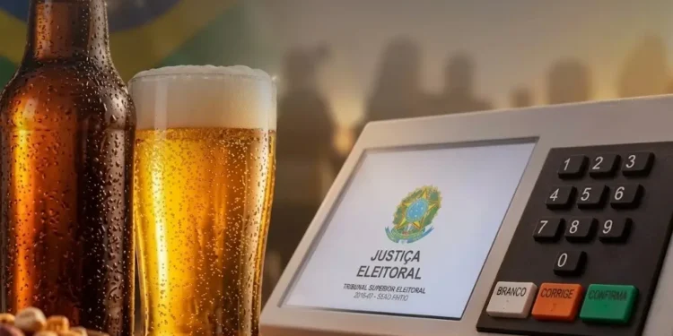 imagem gerada por IA com uma garrafa e copo de cerveja ao lado da urna eletrônica