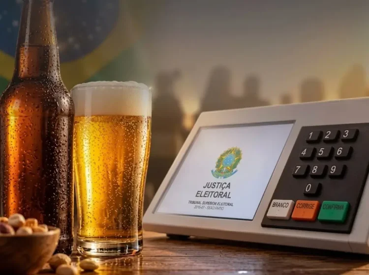 imagem gerada por IA com uma garrafa e copo de cerveja ao lado da urna eletrônica